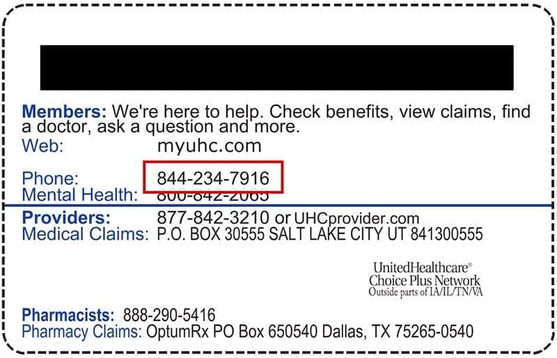 Example: back of insurance card with customer service phone number circled.